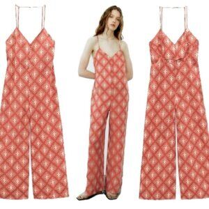 Zara red cream all over print spaghetti strap V-neck wide leg open back jumpsuit